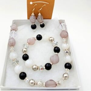 247NEB116. Homemade 3 pc.  Black, Silver, Clear Necklace Set